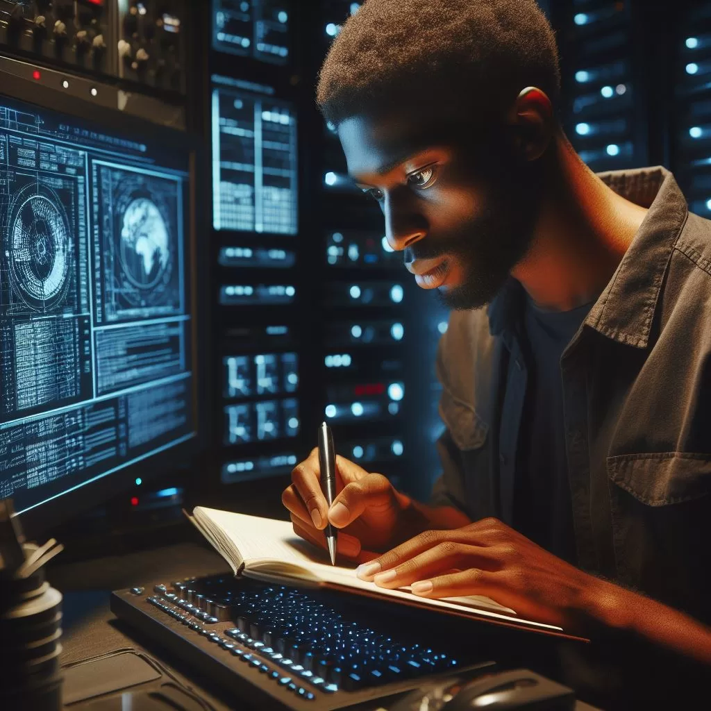 Homem negro escrevendo anotações em um caderno em frente a um computador